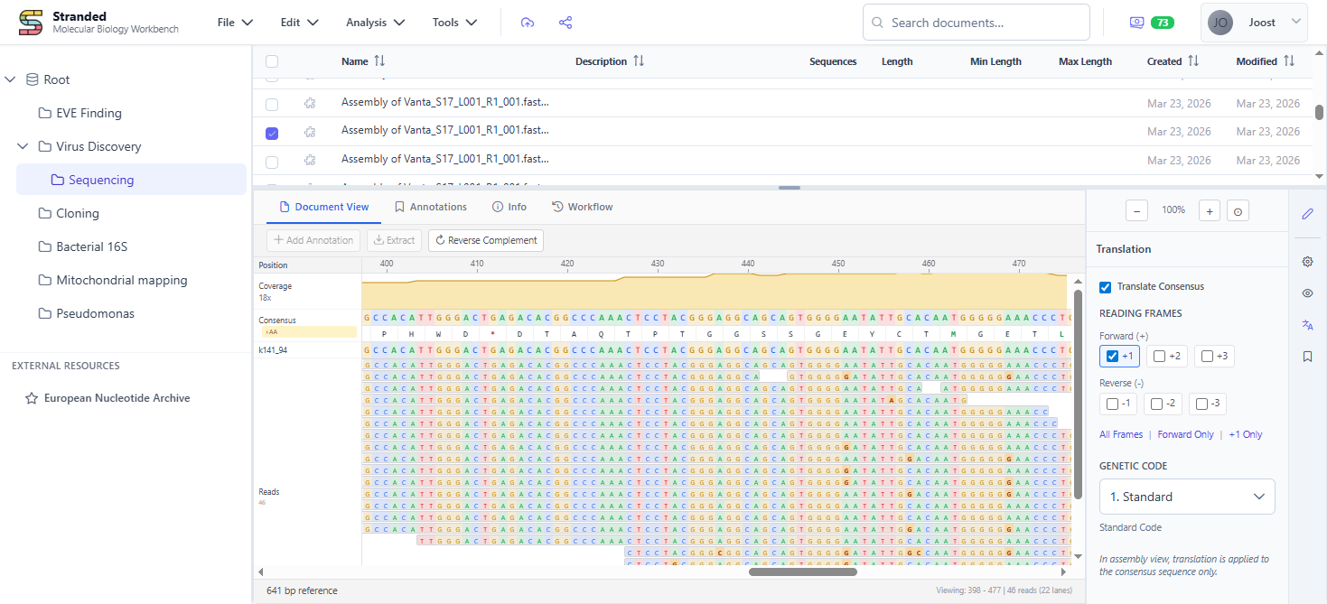 Genome assembly and read mapping view in Stranded